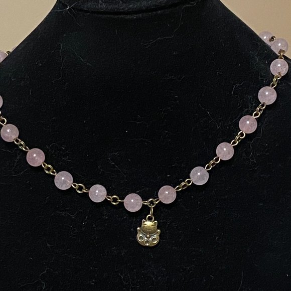 Natural Pink Rose Quartz Necklace, Bronze Fortune Cat + Genuine Gemstone Choker - Picture 3 of 14